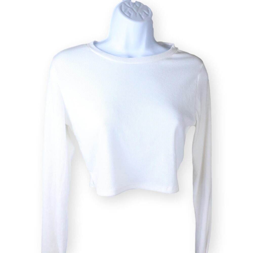 Heart & Hips Cropped Womens Cream Ribbed Long Sleeved Tee M